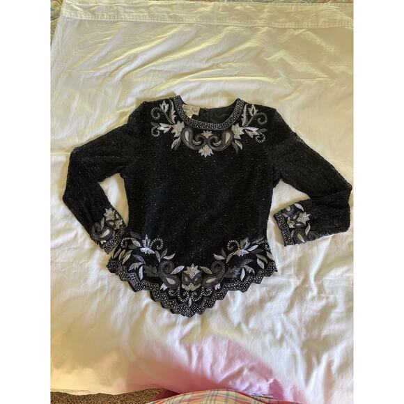 Vintage Kazar Women’s Large Beaded, Sequined, Embroidered Long Sleeve Top, Zip - Picture 6 of 16